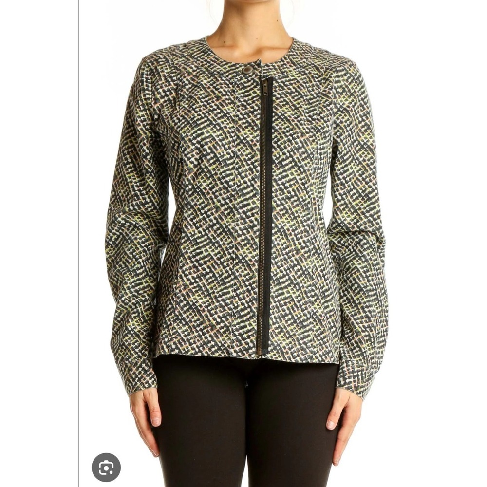 Cabi Jacket Womens Medium Black White Multicolor Knit‎ Zip Moto Geometric Tweed